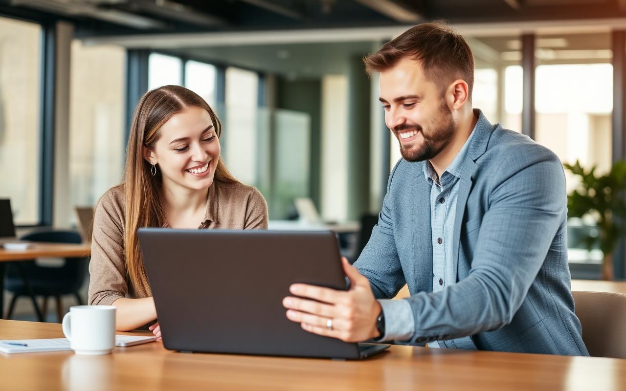 Mentor guiding intern at laptop