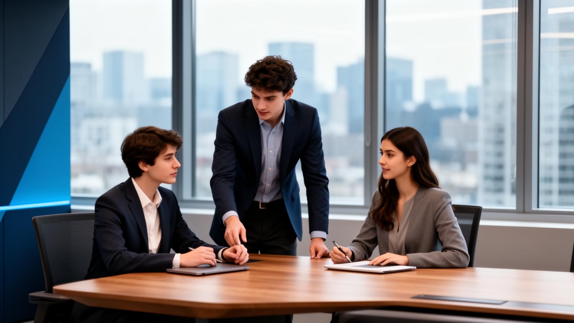 Mentor guiding interns in a modern office